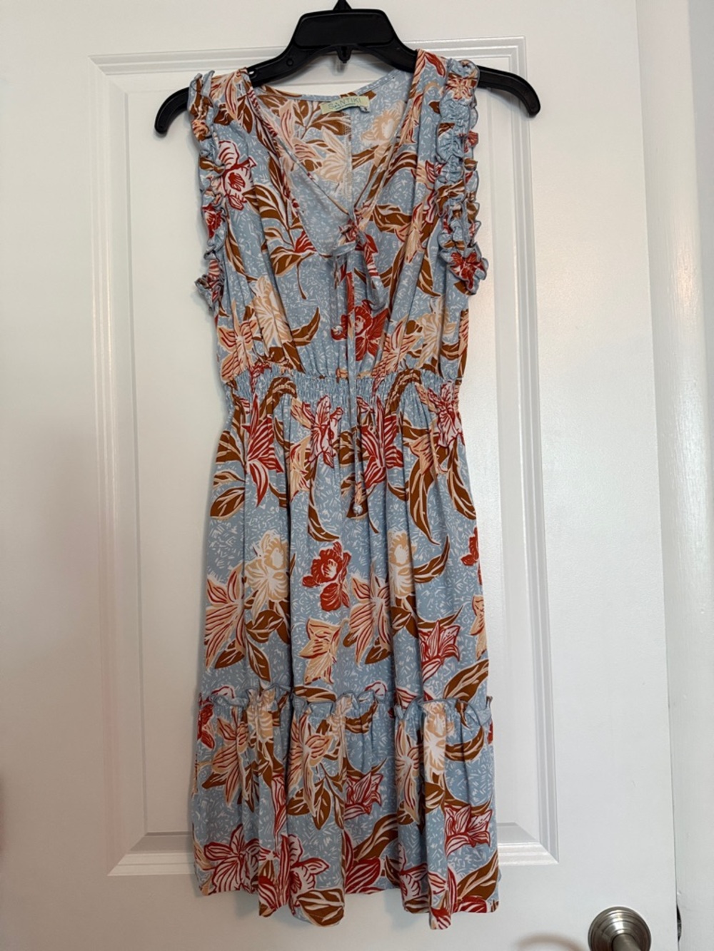 Light Blue Floral V-Neck Ruffle Midi Dress